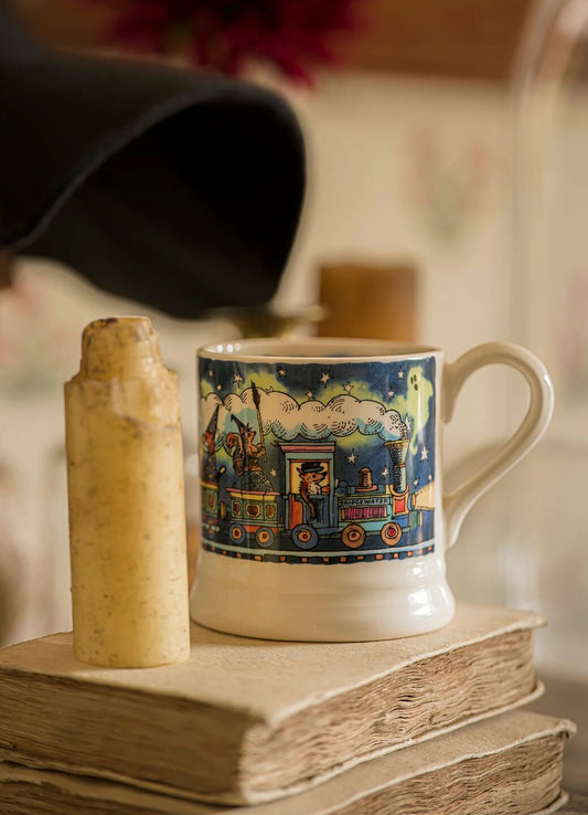 Emma Bridgewater Choo choo! All aboard the Bridgewater express: the woodland animals on our Halloween 1/2 Pint Mug are off on a ghost train excursion this October 31st. We dont know where theyre going but theyre likely to encounter whispering woods