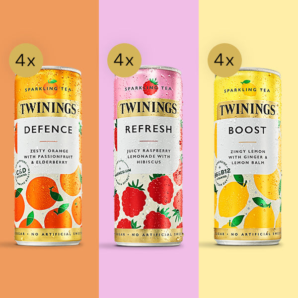 Sparkling Tea Infused Tea 12 Can Selection Pack 3 Flavours Orange, Passionfruit & Elderflower/Raspberry Lemonade & Hibiscus & Lemon & Ginger