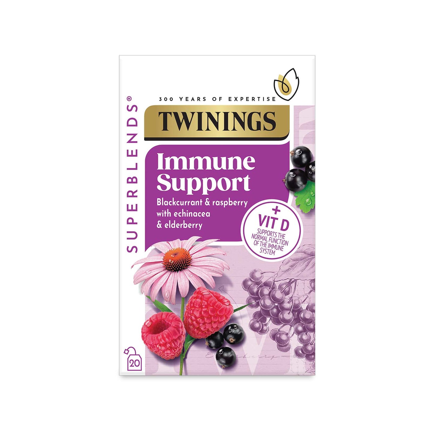 Twinings Superblends Immune Support Blackcurrant, Raspberry & Echinacea, Elderberry Flavoured Herbal Infusion Added Vitamin D Health Tea Drink