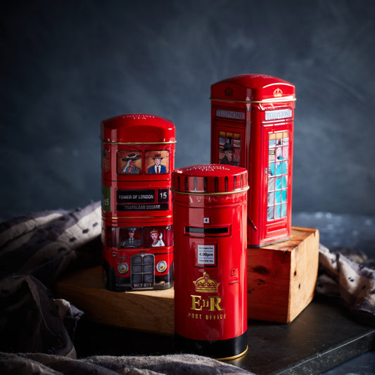 A delightful triple tea tin souvenir gift set featuring the authentic Red Routemaster Bus, English Post Box, and the iconic Red Telephone Box. These smart, collectible tins contain our flavoursome English Tea, a classic rich, smooth and delicious ble