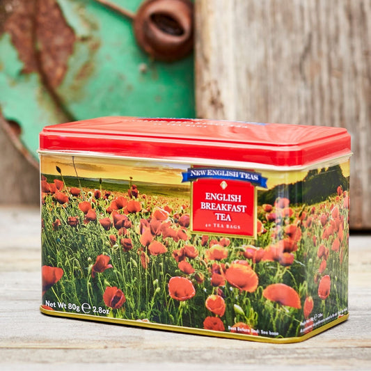 Tea Tin features a beautiful poppy field scene with fine gold embossing. Highly collectable, this unique tea tin contains our best-selling English Breakfast teabags. English Breakfast is the national favourite tea a black tea blend often served with