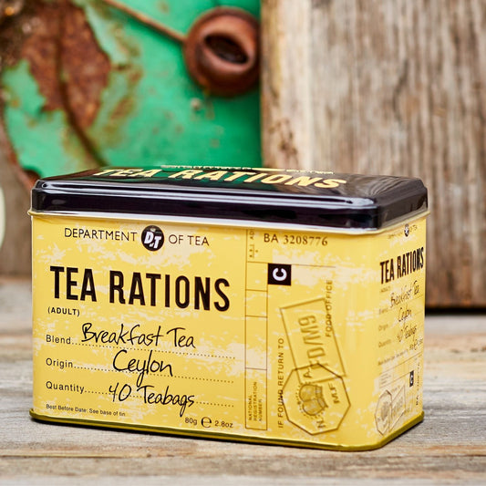 Our vintage style Tea Rations tea tin contains 40 of our best-selling English Breakfast teabags. A great tea tin gift for collectors of wartime memorabilia. English Breakfast is the national favourite tea a black tea blend often served with milk and