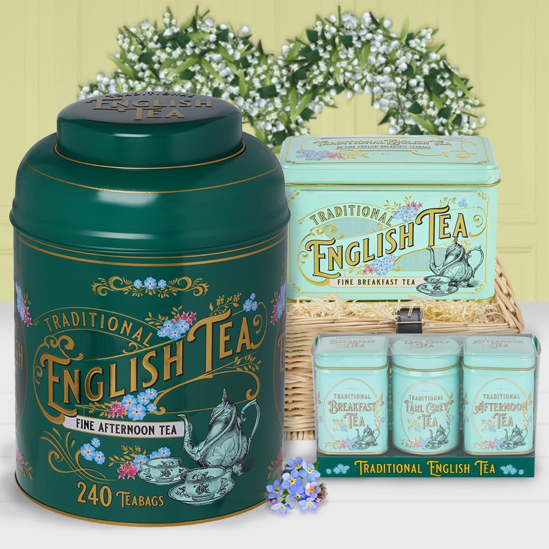 Experience the grandeur of afternoon tea with this Royal Garden Tea Caddy & Tin Bundle. Treat yourself to our bottle-green large tea caddy with 240 English Afternoon teabags, our Mini Tin Loose-Leaf tea set and our best-selling Vintage Victorian tea