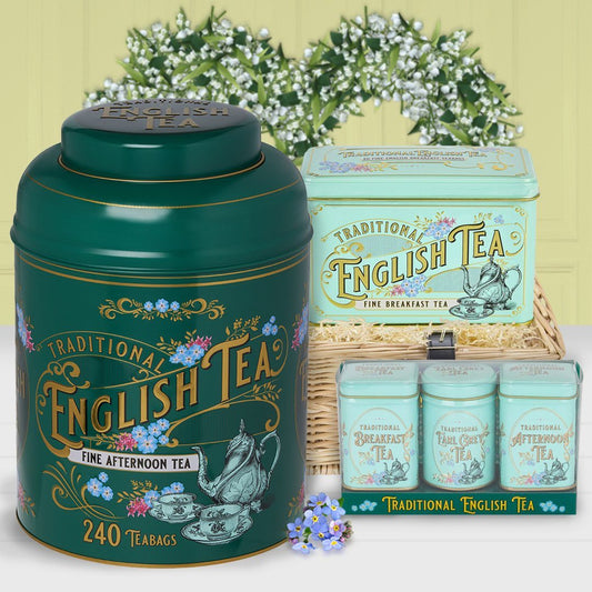 Experience the grandeur of afternoon tea with this Royal Garden Tea Caddy & Tin Bundle. Treat yourself to our bottle-green large tea caddy with 240 English Afternoon teabags, our Mini Tin Loose-Leaf tea set and our best-selling Vintage Victorian tea