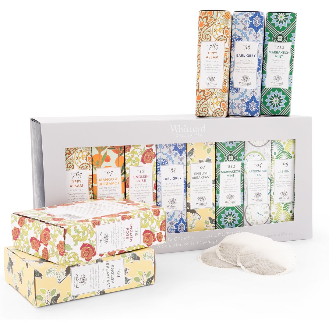 The Tea Discovery Collection Tired of the same tea day after day? Admittedly we've never known the feeling. From Chinese green teas and black tea grown in Assam to our very own house blends, there’s plenty to discover in this hand-picked collection, with 20 traditional teabags of each tea. • Teas featured: Jasmine, Afternoon Tea, Marrakech Mint, English Breakfast, Earl Grey, English Rose, Mango & Bergamot and Tippy Assam