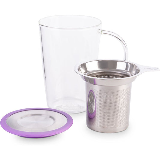 Lavender Glass Pao Infuser Mug The borosilicate glass is heat-resistant and extra durable, and the nifty little black-rimmed silicone lid doubles as a tray for the infuser – not to mention keeping your tea toasty. Brilliant for brewing away at the office desk, or for keeping on the bedside table for those long lazy mornings.