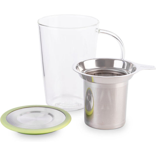 Pistachio Glass Pao Infuser Mug The borosilicate glass is heat-resistant and extra durable, and the nifty little black-rimmed silicone lid doubles as a tray for the infuser – not to mention keeping your tea toasty. Brilliant for brewing away at the office desk, or for keeping on the bedside table for those long lazy mornings. It’s all about chic, sleek efficiency…. • Includes: Mug, removable infuser and lid • Capacity: 400ml • Number of servings: 1 mug • Tea format: Loose tea