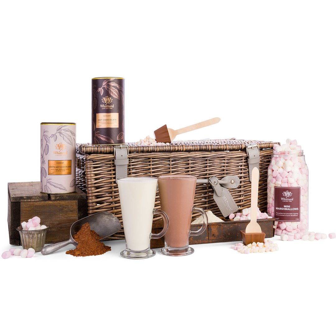 The Signature Hot Chocolate Hamper Our classic rich Luxury milk and buttery-sweet Luxury White are at the heart of our hot chocolate collection – and firm customer favourites. With our sleek tall glasses, which are made for marshmallow-topped hedonistic hot chocolates, this hamper takes luxury to new heights. • Includes: Luxury Hot Chocolate, Luxury White Hot Chocolate, two Milk Chocolate Spoon