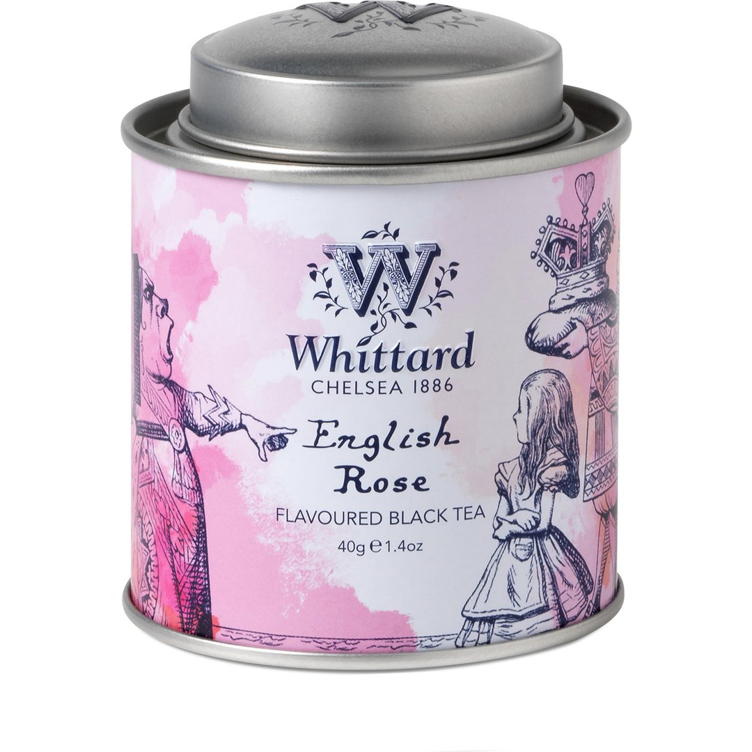 English Rose Alice in Wonderland Mini Caddy We love English eccentricity – so we’ve created three mini storage caddies for our most quintessentially English teas, decorated with the original illustrations from Alice in Wonderland. The rose has symbolised love and royalty for centuries, so who better to grace our English Rose mini caddy than the Queen of Hearts herself?