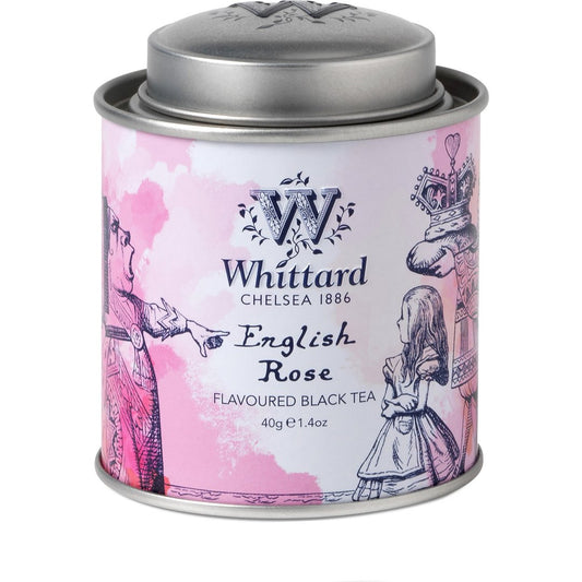 English Rose Alice in Wonderland Mini Caddy We love English eccentricity – so we’ve created three mini storage caddies for our most quintessentially English teas, decorated with the original illustrations from Alice in Wonderland. The rose has symbolised love and royalty for centuries, so who better to grace our English Rose mini caddy than the Queen of Hearts herself?