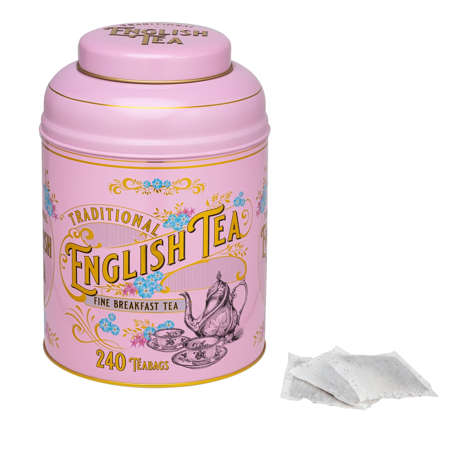 A rose-pink Vintage Victorian style round tea tin featuring Victorian tea ware illustrations, gold trimming, embossing and azure blue Forget-Me-Not florals. Forget-Me-Nots became a symbol of love and remembrance for the Victorians and it was during t