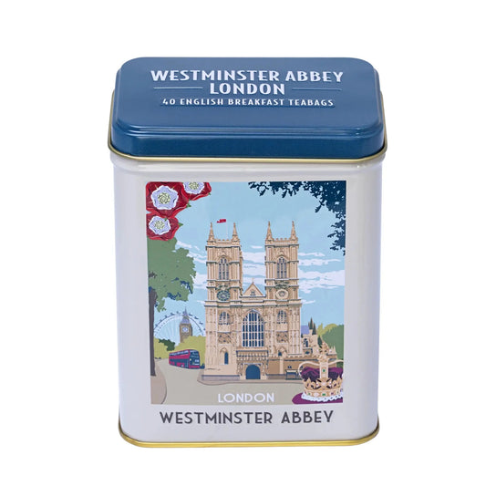 This Westminster Abbey London Tea Tin is a charmingly retro and chic reminder of a trip to London. Featuring a tasteful art deco portrait of Westminster Abbey and containing 40 English Breakfast teabags, this tin is a luxurious and exclusive memento