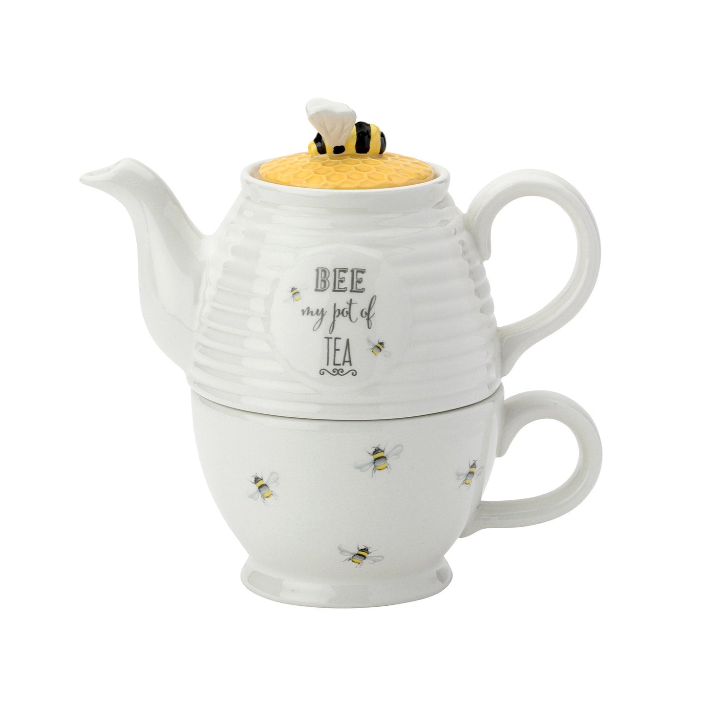 The English Tableware Company Bee Happy Teapot & Mug Set Perfect for Afternoon Tea White Teaware Tea for One Set