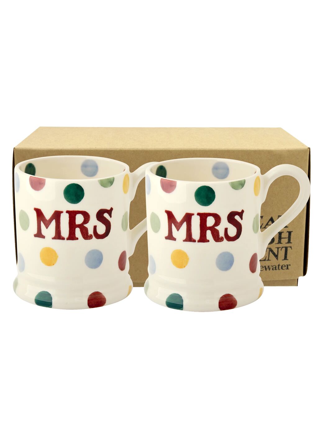 Polka Dot 'Mrs & Mrs' Set of 2 1/2 Pint Mugs Boxed Unique Handmade & Handpainted English Earthenware Tea/Coffee Mug Emma Bridgewater