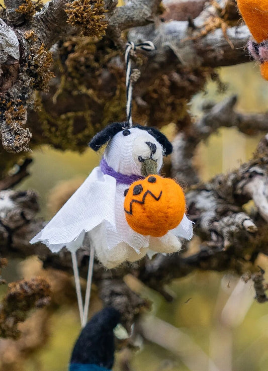 Emma Bridgewater Its hard to be spooked by this friendly-looking Ghost Dog Halloween Felt Decoration. As much as hed like to look fur-ocious and make you feel terrier-fied, hes actually quite a scaredy dog and is kindly fetching you an orange felt pumpkin