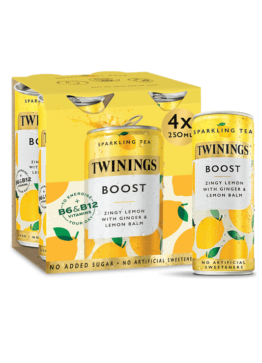 Sparkling Tea Boost Lemon & Ginger Sparkling Tea Infusion with Vitamins B6, B12 & C 4 Pack Twinings