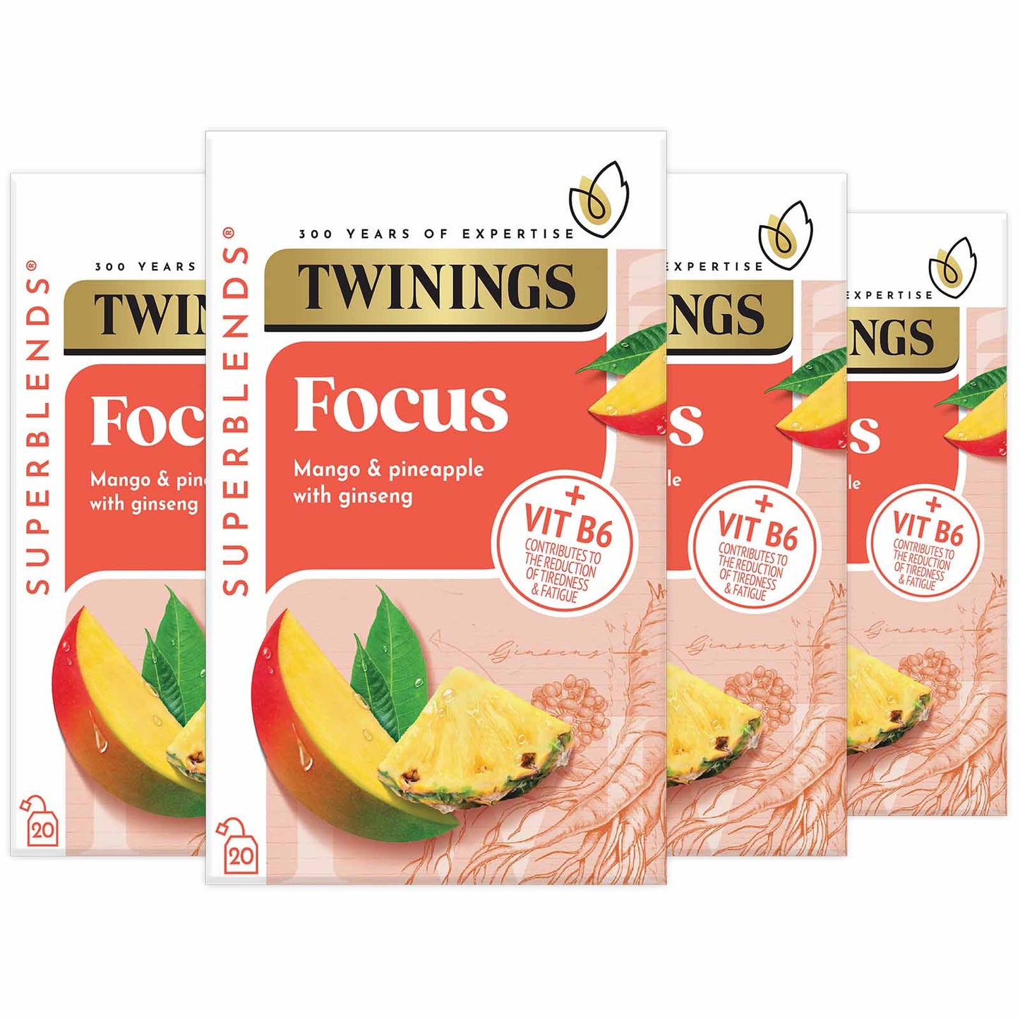 Twinings Superblends Focus Mango & Pinapple with Ginseng Flavoured Herbal Infusion Added Vitamin B6 Health Tea Drink 4 x 20 Tea Bags