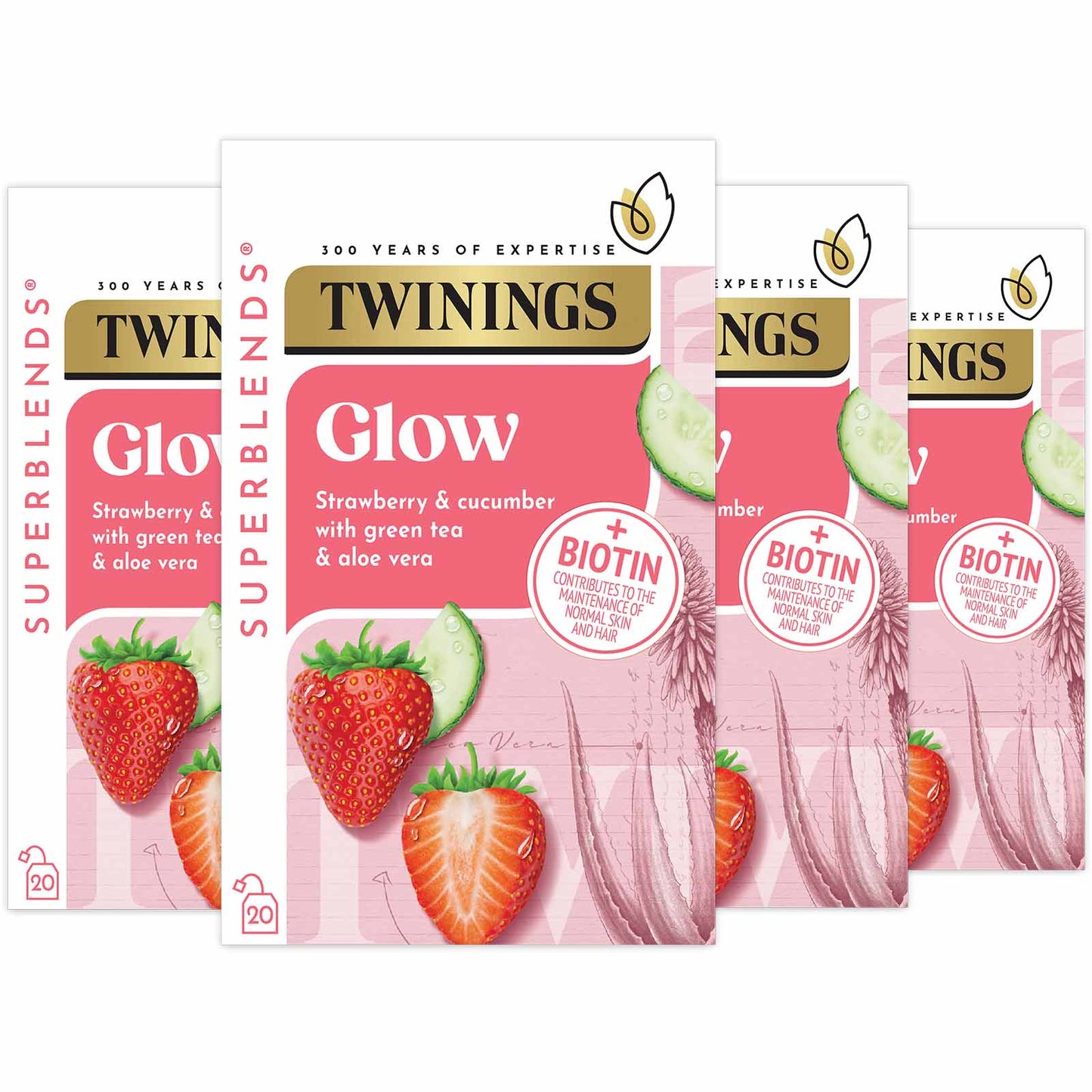 Twinings Superblends Glow Green Tea Strawberry, Aloe Vera & Cucumber Green Tea Infusion Added Biotin Health Tea Drink 4 x 20 Tea Bags