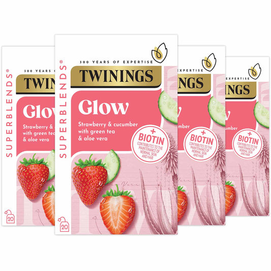 Twinings Superblends Glow Green Tea Strawberry, Aloe Vera & Cucumber Green Tea Infusion Added Biotin Health Tea Drink 4 x 20 Tea Bags