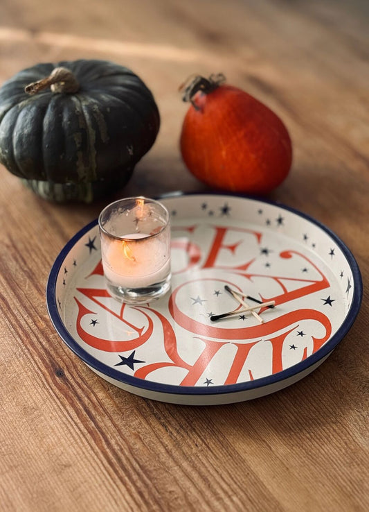 Emma Bridgewater The pure of heart will view this Halloween Toast Round Tin Tray as a fun Halloween tray on which to serve tea or coffee with milk and sugar to stir.But the mystics amongst us will see the message on this enchanting circular tray 