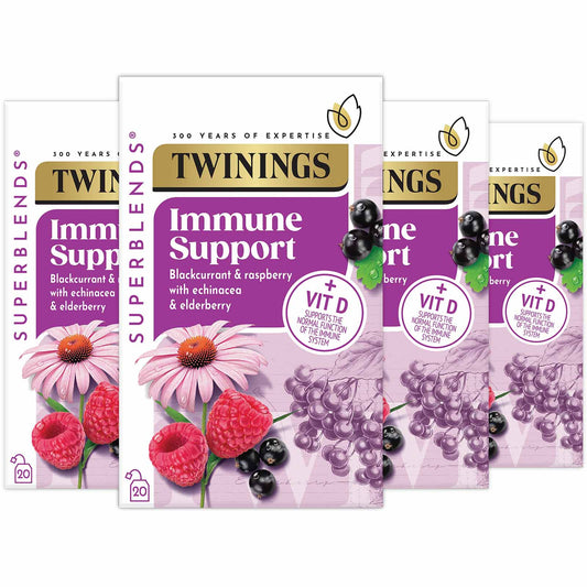 Twinings Superblends Immune Support Blackcurrant, Raspberry & Echinacea, Elderberry Flavoured Herbal Infusion Added Vitamin D Health Tea Drink