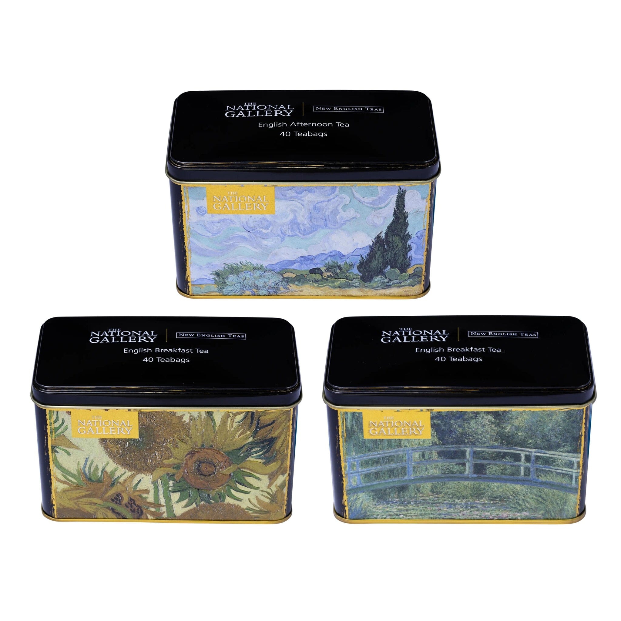 The National Gallery Tea Tin Collection includes all our National Gallery Tea Tins. Each collection includes our Monet Water-Lily Pond Tea Tin with 40 English Breakfast, our Van Gogh Sunflowers Tea Tin with 40 English Breakfast Teabags and our Van Go