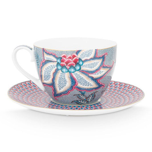 Pip Studio Flower Festival Cup & Saucer Set Perfect for Afternoon Tea Light Blue Teaware Tea Lover Gift