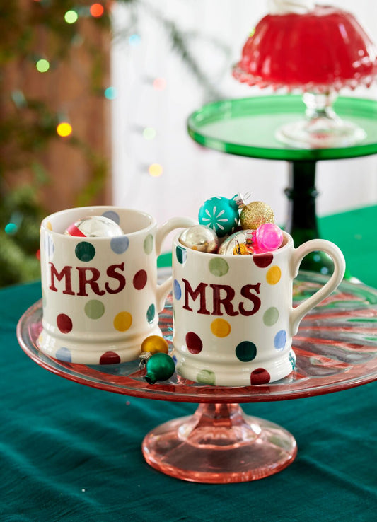 Polka Dot 'Mrs & Mrs' Set of 2 1/2 Pint Mugs Boxed Unique Handmade & Handpainted English Earthenware Tea/Coffee Mug Emma Bridgewater