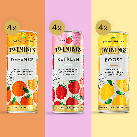Sparkling Tea Infused Tea 12 Can Selection Pack 3 Flavours Orange, Passionfruit & Elderflower/Raspberry Lemonade & Hibiscus & Lemon & Ginger