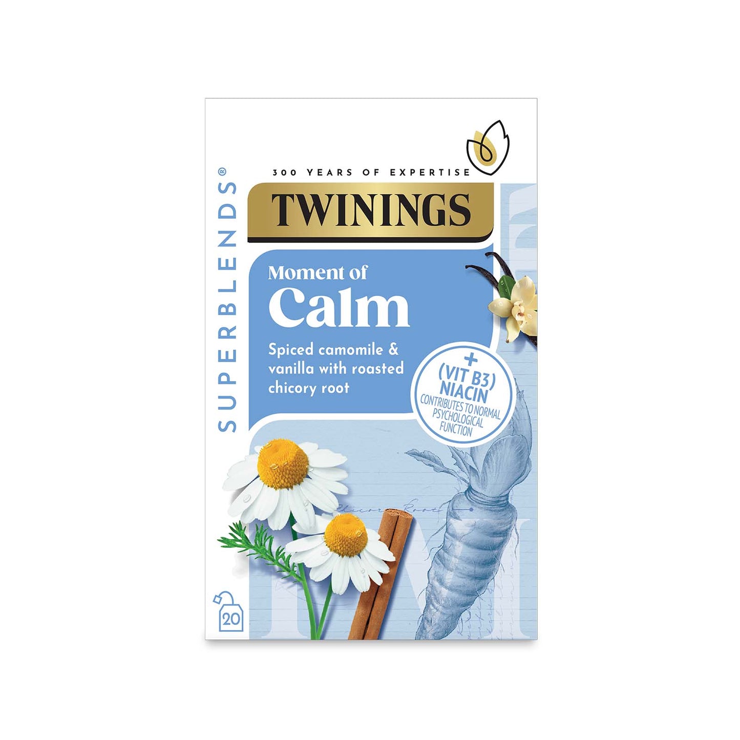 Twinings Superblends Moments of Calm Spiced Camomile & Vanilla Flavoured Herbal Infusion Added Niacin (Vitamin B3) Health Tea Drink 20 Tea Ba