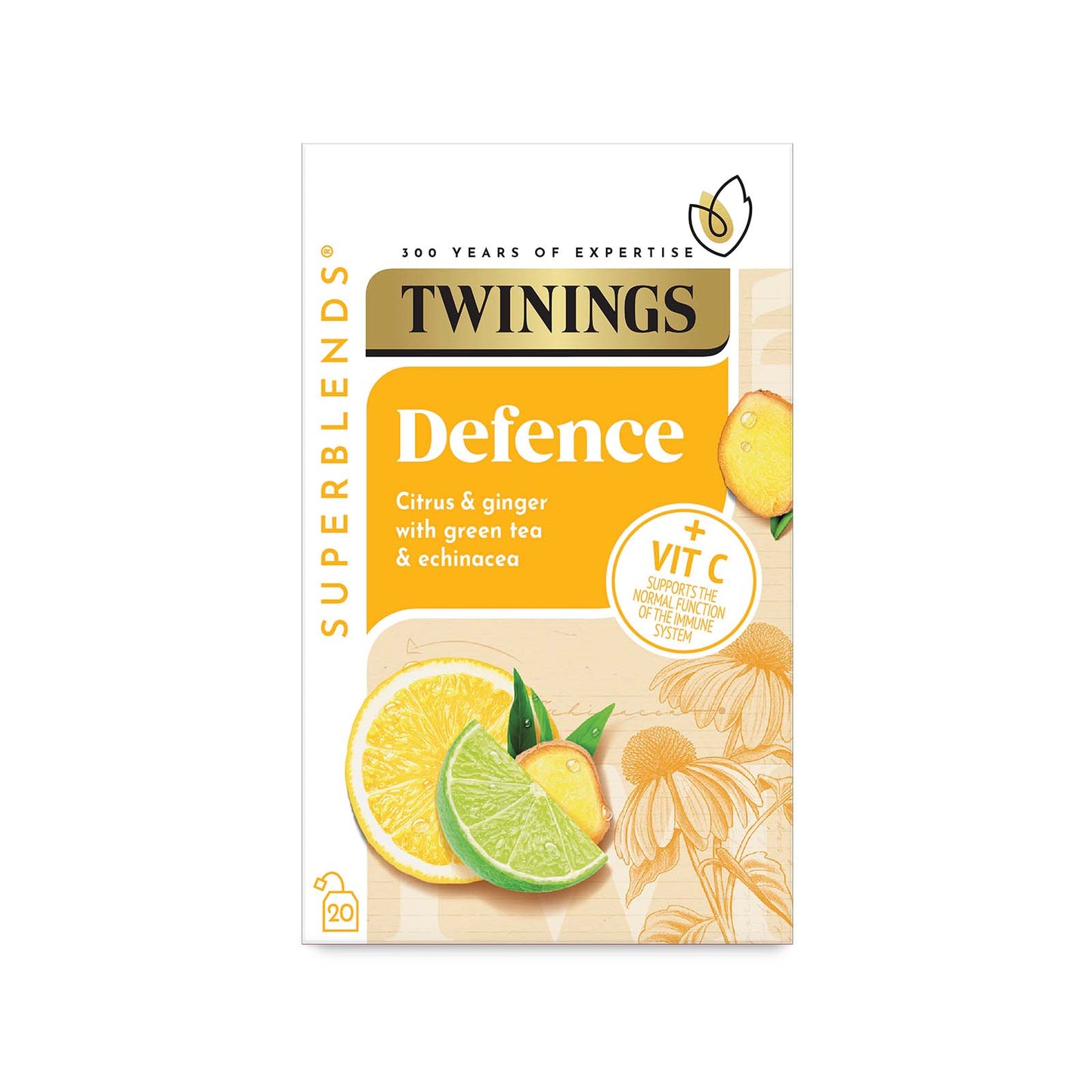 Twinings Superblends Defence Citrus & Ginger & Echinacea Green Tea Infusion Added Vitamin C Health Tea Drink 20 Tea Bags