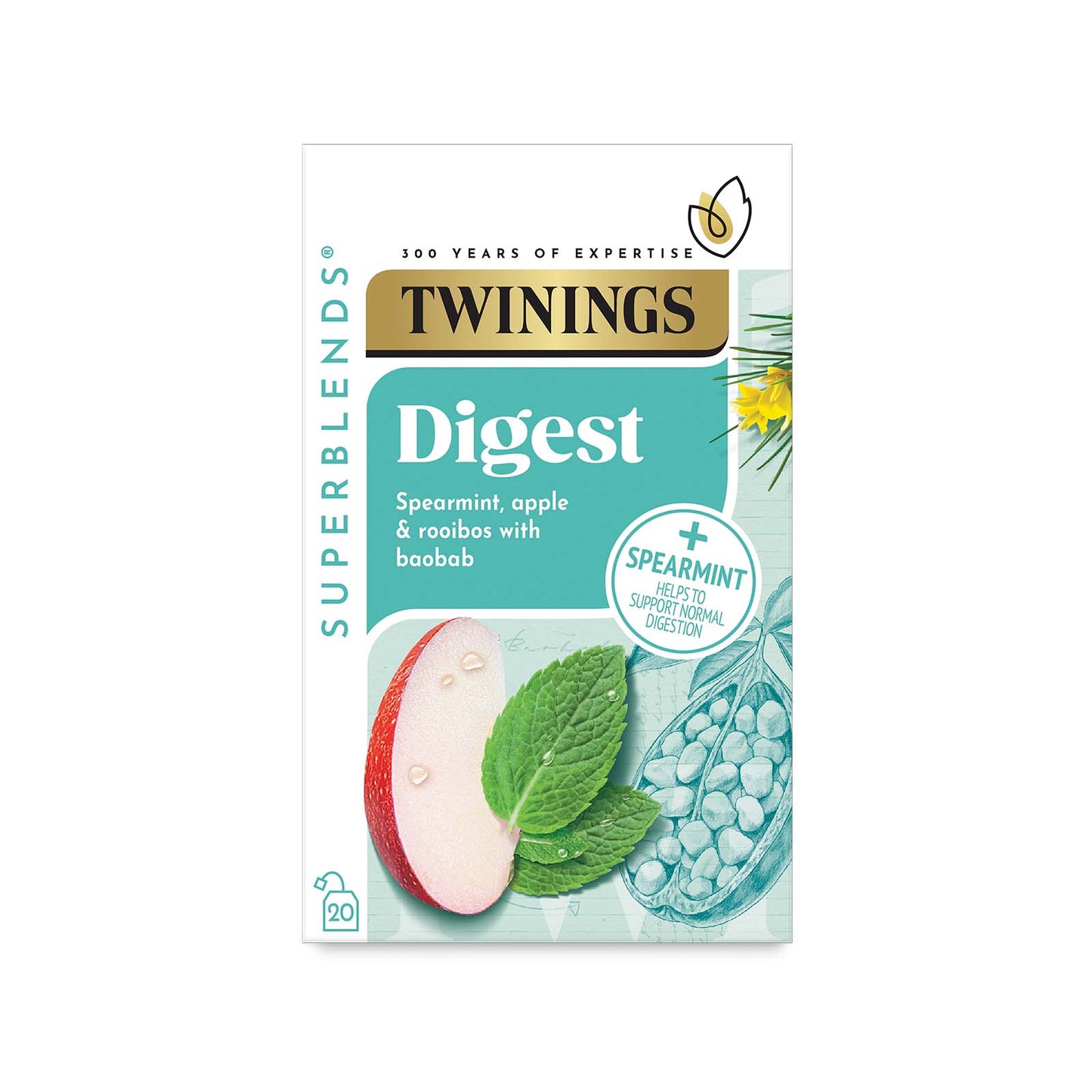 Twinings Superblends Digest Spearmint, Apple & Rooibos Flavoured Infusion with Baobab Health Tea Drink 20 Tea Bags