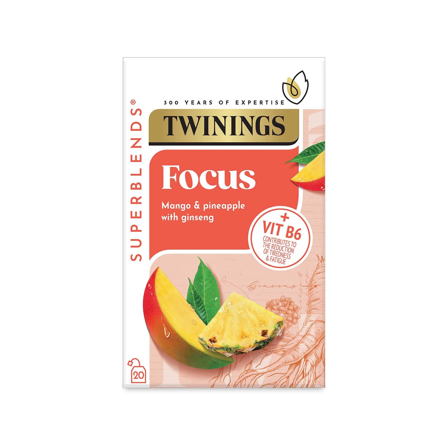 Twinings Superblends Focus Mango & Pinapple with Ginseng Flavoured Herbal Infusion Added Vitamin B6 Health Tea Drink 20 Tea Bags