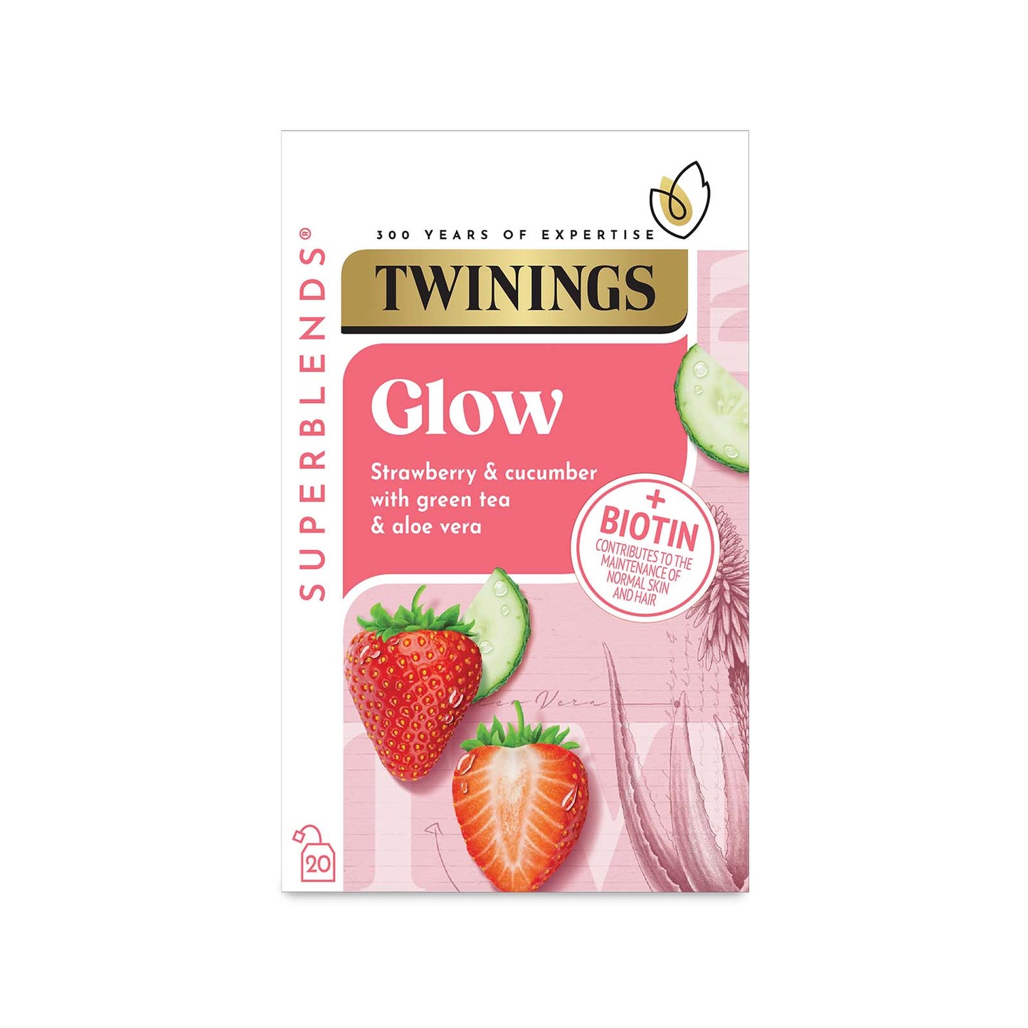 Twinings Superblends Glow Green Tea Strawberry, Aloe Vera & Cucumber Green Tea Infusion Added Biotin Health Tea Drink 20 Tea Bags