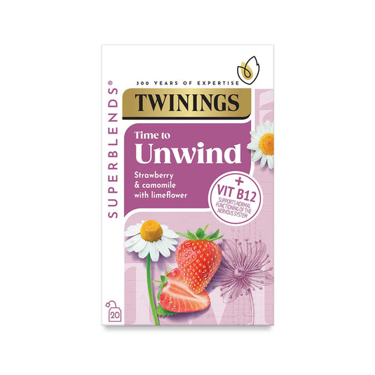 Twinings Superblends Unwind Strawberry, Camomile & Limeflower Flavoured Herbal Infusion Added Vitamin B12 Health Tea Drink 20 Tea Bags