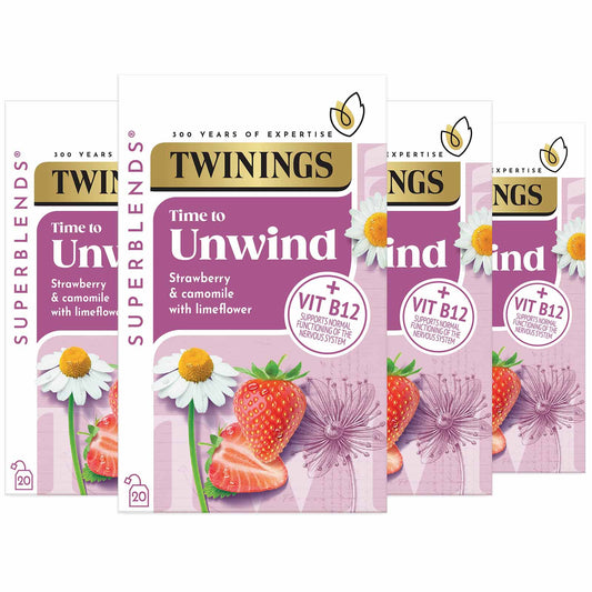 Twinings Superblends Unwind Strawberry, Camomile & Limeflower Flavoured Herbal Infusion Added Vitamin B12 Health Tea Drink 4 x 20 Tea Bags