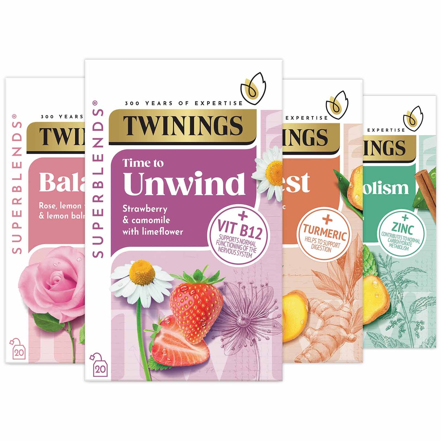 Twinings Superblends Selection Pack Unwind, Metabolism, Digest, Balance Superblends Added Vitamins 4 Boxes