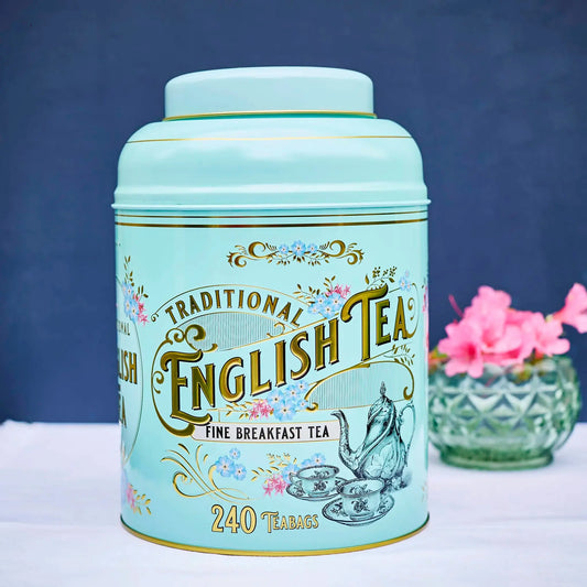 The Vintage Victorian Deluxe Tea Caddy is a stylish mint green tea caddy featuring Victorian teaware and intricate gold embossing. Highly collectable, this timeless vintage-inspired classic is one of our most popular. Includes 240 Signature blend Eng