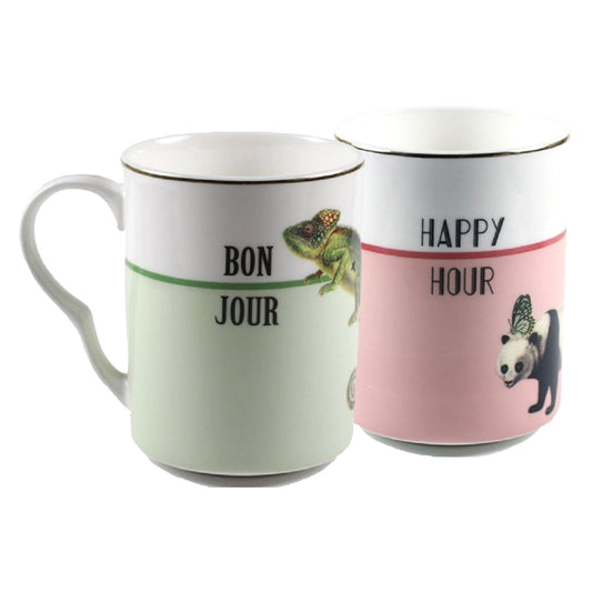 Yvonne Ellen Bonjour/Happy Hour Quote Set of 2 Mugs Travel Tea Mug Teaware Tea for Two Set