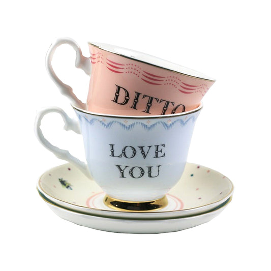 Yvonne Ellen I Love You/Ditto Quote Set of 2 Cups & Saucers Quirky Animal Mug Teaware Tea for Two Set