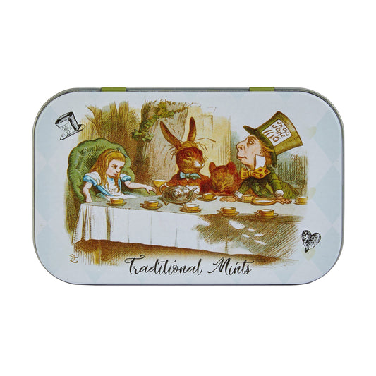 Alice in Wonderland Travel Mints tin. These tins are perfect for a little bit of pocket-friendly minty freshness. Featuring an easy open landscape lid, they are a great keepsake and easily refillable. Tin Contains: 35g of sugar-free mints