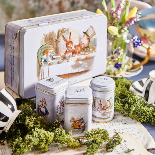 Treat yourself or a friend to a magical tea-drinking experience with our Alice in Wonderland Mad Hatters Tea Party Bundle! Our set includes two stunning tea tins featuring Lewis Carroll's beloved characters and quotes. You'll get a 100-teabag selecti