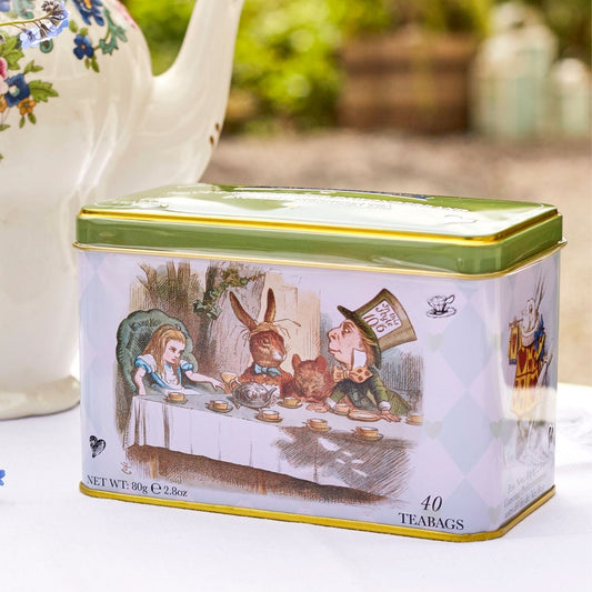 With quotes and illustrations from Lewis Carroll's original tale, this Alice in Wonderland tea tin features drawings of Alice, the Mad Hatter, The Dormouse, The March Hare, The Playing Cards, and The White Rabbit. Enjoy our signature English Afternoo