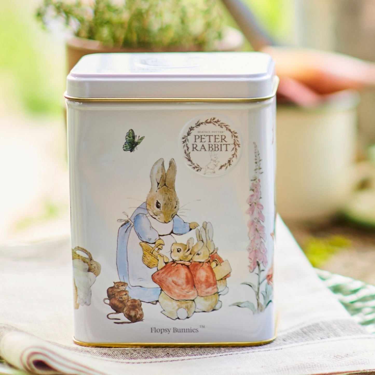 Our delightful, officially licensed, Beatrix Potter Tea Tin features illustrations from The Tale of Peter Rabbit books by Beatrix Potter. Our unique tea tin features beautiful drawings of three well-loved, iconic characters, Flopsy Bunnies, Mrs Tiggy