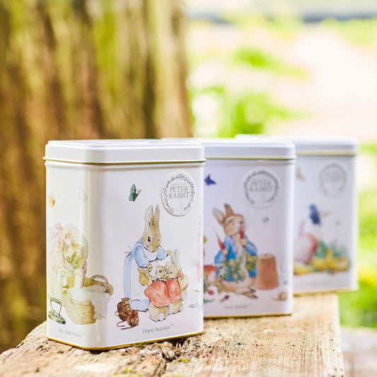 Our delightful, officially licensed, Beatrix Potter English Triple Tin gift pack featuring officially licensed illustrations from The Tale of Peter Rabbit books by Beatrix Potter. Our unique tea tins feature beautiful drawings of three well-loved, ic