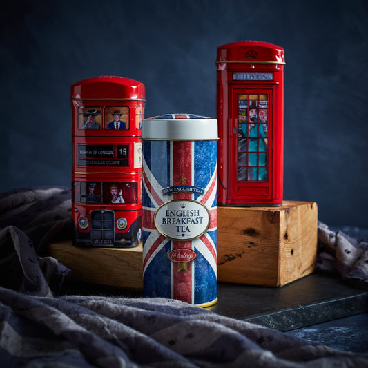 A souvenir gift set of three tall tea tins celebrating English tea culture. These keepsake collectables showcase a Red London Routemaster Bus, a Telephone Box and a beloved Union Jack design. Within each delightful miniature tin, be delighted by our 