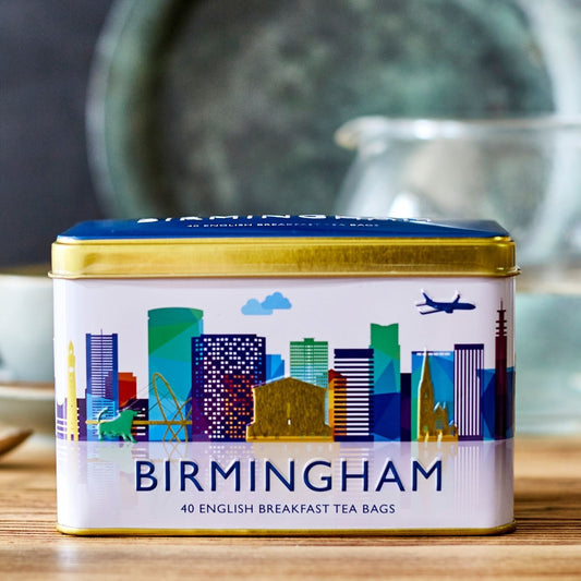 Our Birmingham skyline tea tin contains 40 of our best-selling English Breakfast teabags. Birmingham Tea Tin contains: 40 x 2g English Breakfast teabags Infusion Tips Boil fresh water to 100Â° and pour over the teabag. Leave the teabag to infuse for 