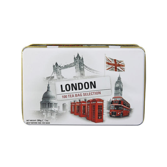 An elegant tin depicting famous London scenes with embossing details. Highly collectible, this unique tin contains a flavoursome selection of 100 teabags in three varieties, English Breakfast, English Afternoon, and Earl Grey. The perfect gift and gr