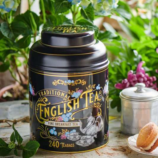 Our Black Vintage Victorian Tea Caddy contains 240 Fine English Breakfast teabags. Our Vintage Victorian caddies are detailed with gold embossing and an intricate English tea design. English Breakfast Tea is a full-bodied and aromatic black tea, know