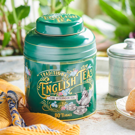 A new edition to our most popular vintage range of tea caddies. Our stylish bottle-green tea caddy featuring Victorian teaware and intricate gold embossing. Highly collectable, this stylish tea tin contains our popular English Afternoon Tea. The idea